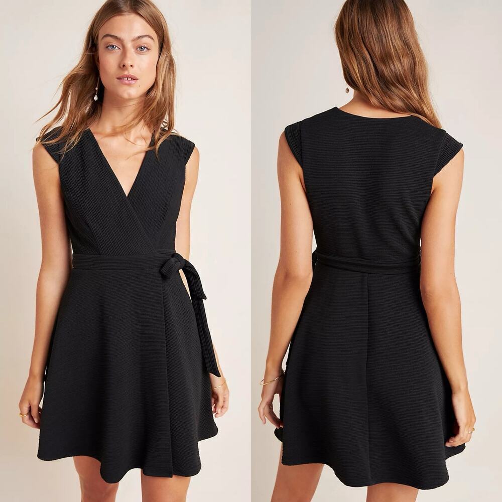Hutch x Anthropologie Ronnie Wrap Mini Dress Ribbed Black Size XS Short Sleeve